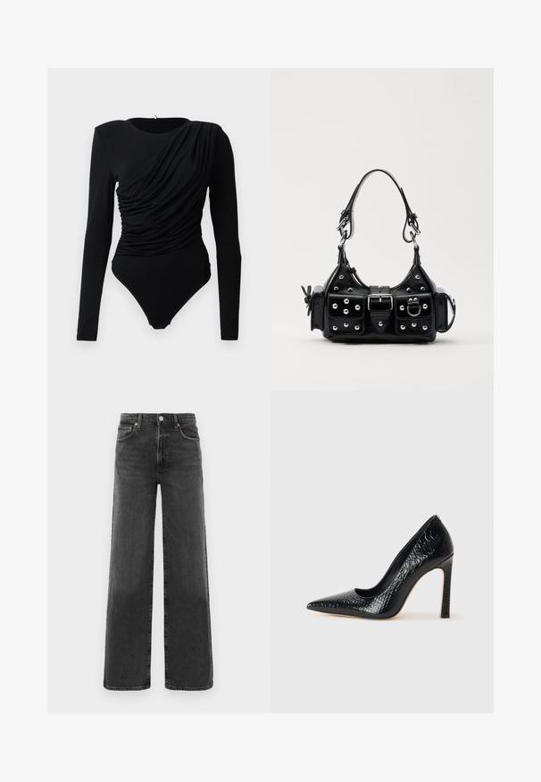 Body noir à manches longues avec un drapé froncé asymétrique sur le devant et des pressions à l'entrejambe.; Jean en denim noir taille haute, coupe droite, avec bouton et fermeture éclair à l'avant, deux poches avant et deux poches arrière.; Escarpin noir à bout pointu avec texture en cuir de crocodile, présentant un design élégant, un haut talon aiguille et un intérieur noir lisse.; Sac à main en cuir noir au design courbé, avec des clous en argent, une boucle et deux poches latérales. Bandoulière réglable pour différentes options de transport.