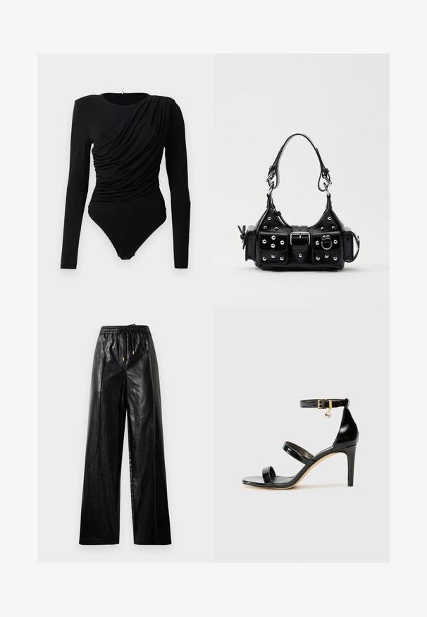 Sort langærmet bodysuit med asymmetrisk drapering og samlinger over fronten samt knapper ved skridtet.; Sorte læder bukser med vide ben, elastisk taljebånd, snoretræk og guldfarvede hardware detaljer. Glat tekstur og løs pasform.; Sorte patenterede lædersandaler med tre stropper, ankelspænde og 10 cm stiletthæl. Har detaljer i guld og et logo charms.; Sort læderhåndtaske med et buet design, prydet med sølvfarvede nitter, en spænde og to sidelommer. Justerbar rem til forskellige bære muligheder.