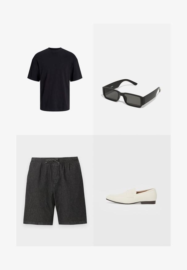 Svart bomull t-skjorte med rund hals, korte ermer og en avslappet passform. Glatt tekstur uten synlige mønstre eller detaljer.; Sorte denim shorts med elastisk talje og justerbar snor. Har sidelommer og en løs, afslappet pasform.; Lyse beige loafers med spiss tå, glatt materiale, en stropp over vampsen, og en lav brun såle. Enkel design med minimale detaljer.; Svarte solbriller med rektangulære linser, matte plastikkramme og rette kanter. Har merkevarelogo på innsiden av armen.