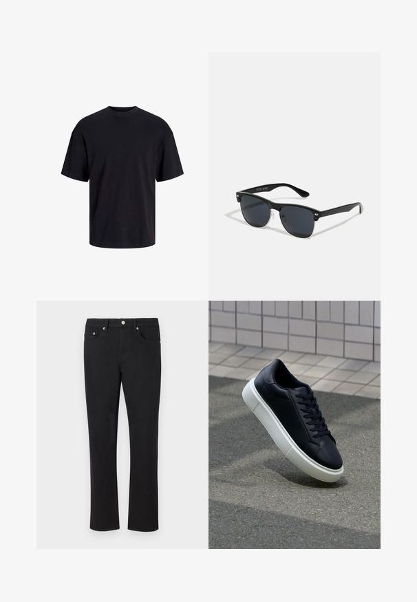 T-shirt en coton noir avec un col ras du cou, des manches courtes et une coupe décontractée. Texture lisse sans motifs ni accents visibles.; Jean en denim noir avec une coupe droite, comportant cinq poches et des accessoires en métal argenté, avec une texture lisse. Sans motifs ni accents.; Baskets noires en cuir avec bout arrondi et semelle en caoutchouc blanc. Elles présentent des lacets plats et une couture minimale sur la tige. Semelle texturée pour une bonne adhérence.; Lunettes de soleil noires de forme rectangulaire, verres foncés, accents argentés aux tempes et finition mate sur la monture.