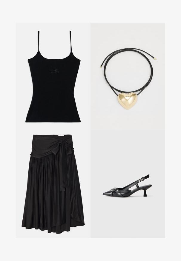 Débardeur noir ajusté avec des bretelles fines, fabriqué en tissu côtelé. Présente un design de logo discret à l'avant. Texture lisse et silhouette élégante.; Jupe noire en tissu lisse et fluide ; présente une large ceinture drapée avec un lien et des plis pour une silhouette aérienne.; Chaussure slingback en cuir noir avec un bout pointu, des sangles décoratives avec œillets en métal et un petit talon carré. Surface texturée.; Collier en cordon tressé noir avec un pendentif en forme de cœur en or poli, aux courbes douces et à la finition brillante.