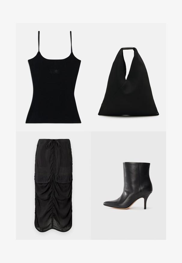 Black fitted tank top with thin straps, made of ribbed fabric. Features subtle logo design on the front. Smooth texture and sleek silhouette.; Black midi skirt made of lightweight fabric. Features gathered detailing, two front pockets, and a drawstring waistband for adjustability.; Black leather ankle boot with pointed toe, slim stiletto heel, and smooth texture. Minimalist design with no visible hardware or accents.; Black fabric tote bag with a unique V-shape design and a smooth texture. Features a short handle with minimalistic hardware detail.