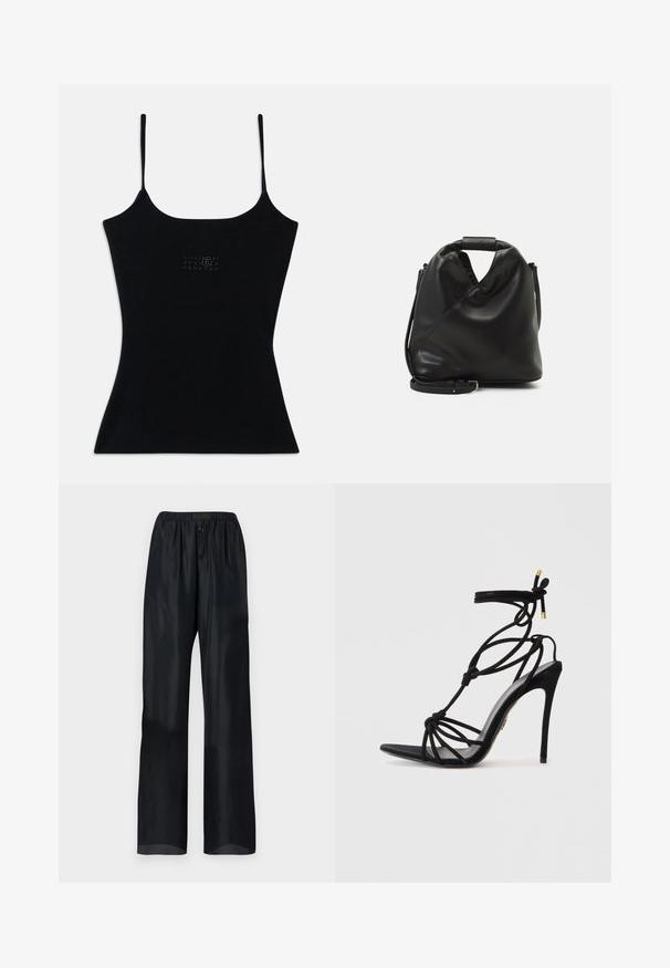Schwarzes, eng anliegendes Tanktop mit dünnen Trägern, aus geripptem Stoff. Mit dezentem Logo-Design auf der Vorderseite. Glatte Textur und schlanke Silhouette.; Schwarze, leichte Hosen mit lockerer Passform, die einen elastischen Bund und zwei vordere Knöpfe haben. Glatte Textur mit geradem Bein Design.; Schwarze Stiletto-Sandale mit geknotetem Riemendesign, offener Spitze und schmalem Absatz. Glatte Textur mit goldfarbenen Akzenten an den Riemen.; Schwarze, weiche Ledertasche mit einem einzigartigen verdrehten Design. Hat einen kurzen Griff und einen abnehmbaren Schultergurt. Minimalistischer Stil.