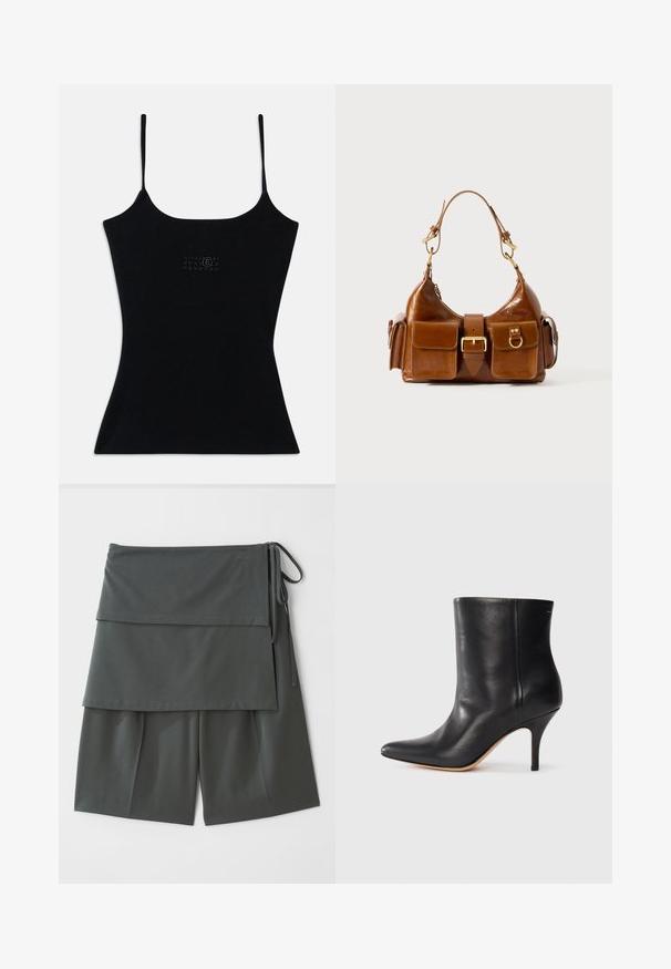 Top ajustado preto com alças finas, feito de tecido canelado. Apresenta um discreto design de logótipo na parte da frente. Textura suave e silhueta elegante.; Calções unissexo cinza escuro com um design em camadas, apresentando um painel superior e laços de lado. Feitos de um tecido suave e leve.; Botim de tornozelo em pele preta com biqueira pontiaguda, salto fino em stiletto e textura suave. Design minimalista sem hardware ou detalhes visíveis.; Mala de mão em couro castanho com formato curvo, com acessórios em tom dourado duplo, dois bolsos frontais e uma alça larga. Textura suave com um acabamento elegante.