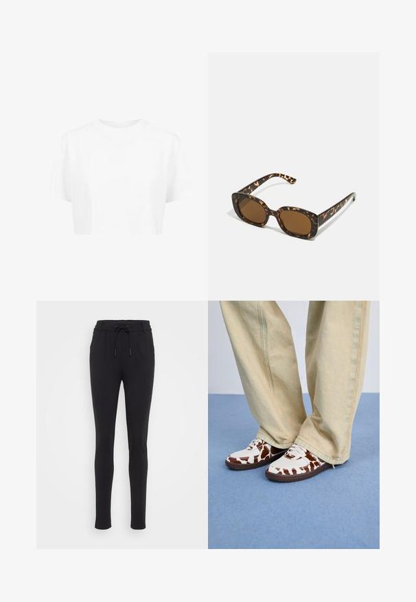 Hvid cropped t-shirt, korte ærmer, rund halsudskæring, lavet af blødt stof, uden synlige mønstre eller distinkt hardware.; Sorte, tapered joggers lavet af et blødt, strækbart stof. Har en elastisk talje med snøre og sidelommer. Glat tekstur.; Hvide og brune mønstrede sneakers i mesh og læder med brune gummisåler. Matchet med lyse beige bukser med vide ben.; Skildpadde-solbriller med en rund, kraftig ramme og brune linser. Har subtile mønstre og lige, afsmalnende stænger.; Brun ruskind handbag med en gylden firkantet spænde, top-håndtag og kæderem. Har en rektangulær form og afrundede kanter.
