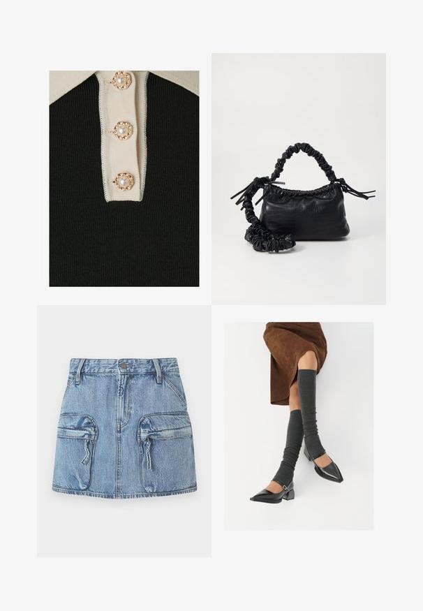 YAS YASMILLE - Polosärk - black/star white; Sinine džinsist mini seelik, millel on kaks suurt esist püksitaskut koos tõmblukkudega ja vööpaelad vöökohtade juures.; Mustad patsaline odav värviga kingad, millel on kreen ja pahkluuring, on paaritatud hallide ribakudumitega sääremiidega ja pruunist nahast seelikuga.; Must must sünteetilisest nahast käekott, millel on krokodillimuster, kokku tõmmatav ülaosa ja kortsus rihm. Tundub pehme ja kompaktne disain.