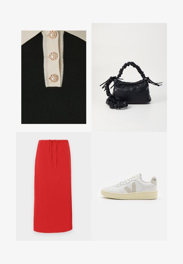 YAS YASMILLE - Polosärk - black/star white; Punane, põlvepikkune seelik, mis on valmistatud kergest kangast, millel on elastne vöökoht ja reguleeritav nöör sobivuse kohandamiseks. Sile tekstuur, mitte mingit nähtavat mustrit.; Valge nahast tenniseking, millel on beežist siidist aktsent ja aukudega varvas, lame paelad ja tekstureeritud koorevärvi tallad. Omab nüansirikast brändimist kannal.; Must must sünteetilisest nahast käekott, millel on krokodillimuster, kokku tõmmatav ülaosa ja kortsus rihm. Tundub pehme ja kompaktne disain.