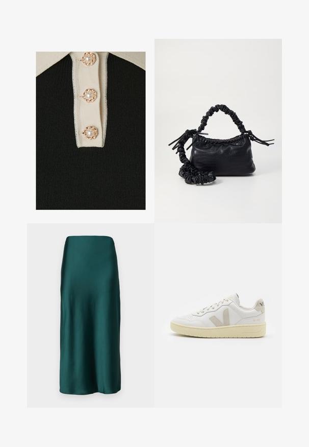 YAS YASMILLE - Polo shirt - black/star white; Gina Tricot ELASTIC MIDI SKIRT - Maxi skirt - ponderosa pine; White leather sneaker with beige suede accents, perforated toe box, flat laces, and a textured cream sole. Features subtle branding on heel.; Black faux leather handbag with a crocodile texture, cinched top, and a scrunched strap. Appears soft and compact in design.