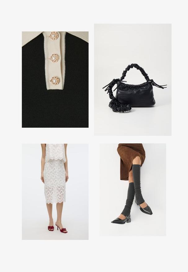 YAS YASMILLE - Polo marškinėliai - black/star white; Baltos nėriniai dviejų dalių rinkinys su banguota tekstūra, skeltuvu ir reljefinėmis detalėmis; derinamas su raudonais gėlių valdovais su aukšta pakulne.; Juodi lakuoti odiniai batai su aštriu kuma ir bloko kulnu, derinami su pilkais riebiais kojų šildytuvais ir rudais zomšiniais sijonais.; Juodas dirbtinės odos rankinė su krokodilo tekstūra, sušnibždinta viršuje ir susikraipytu dirželiu. Atrodo minkšta ir kompaktiška.