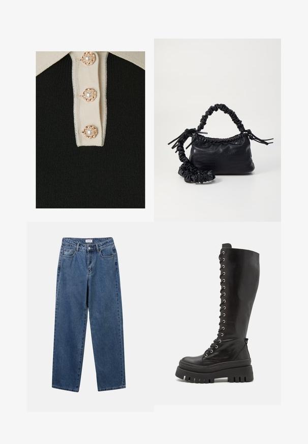 YAS YASMILLE - Polo krekls - black/star white; Klasiskie zili džinsi ar taisnu kāju dizainu, pieciem kabatām un pogu aizdari. Iezīmējas ar vidēju mazgāšanu un izturīgu tekstūru.; Steve Madden CARINA - Zābaki ar platformu - black; Melnā mākslīgās ādas rokassoma ar krokodila rakstu, savilkta augšdaļa un saburzīta siksna. Izskatās mīksta un kompakta pēc dizaina.