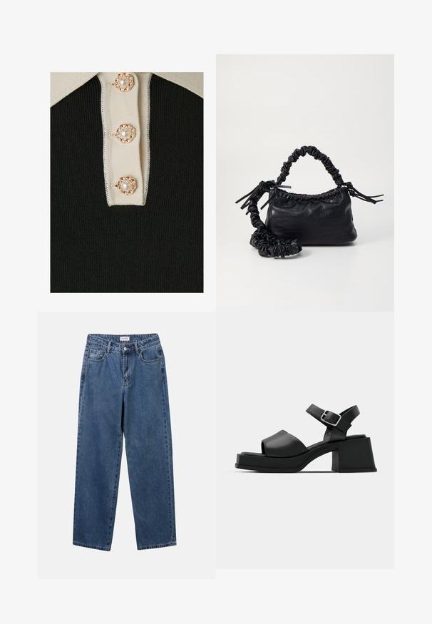 YAS YASMILLE - Polo shirt - black/star white; Classic blue denim jeans with a straight-leg design, five pockets, and a button closure. Features a medium wash and sturdy texture.; Black leather platform sandals with a peep-toe design, ankle strap, and a chunky square heel. Smooth texture and minimalistic style.; Black faux leather handbag with a crocodile texture, cinched top, and a scrunched strap. Appears soft and compact in design.