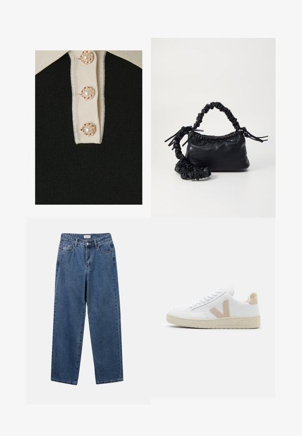 YAS YASMILLE - Polo - black/star white; Jean en denim bleu classique avec une coupe droite, cinq poches et une fermeture par bouton. Présente un lavage moyen et une texture robuste.; Baskets blanches avec des accents en daim beige, bout arrondi et lacets blancs. Semelle en caoutchouc texturé et détail du logo sur le talon.; Sac à main en simili cuir noir avec une texture crocodile, un dessus resserré et une sangle froncée. A l'apparence douce et compacte.