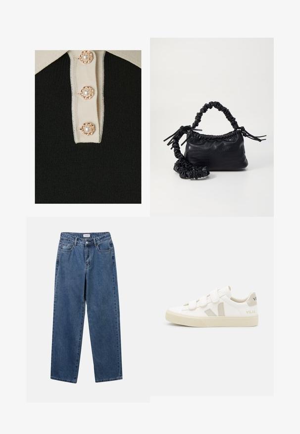 YAS YASMILLE - Poloshirt - black/star white; Klassische blaue Denim-Jeans mit geradem Bein, fünf Taschen und Knopfverschluss. Sie verfügen über eine mittelblau gewaschene Optik und sind aus robuster Textur.; Weiße Sneakers mit Klettverschluss, Wildlederakzenten in Beige, texturierten Gummi-Sohlen und grauem V-Logo. Minimalistisches Design, abgerundete Form.; Schwarze Handtasche aus Kunstleder mit Krokodilstruktur, gerafftem oberen Teil und einem geschoppten Tragegurt. Sie wirkt weich und kompakt im Design.