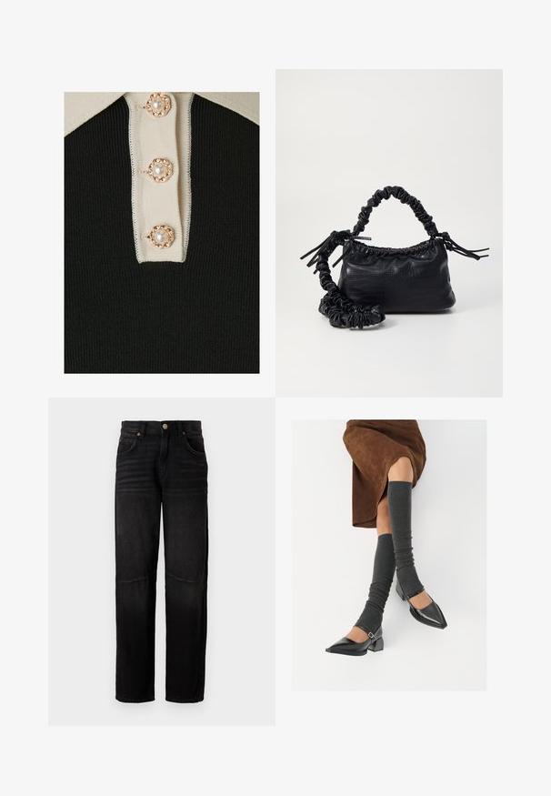 YAS YASMILLE - Polosärk - black/star white; Mustad teksad sirge lõikega, viis taskut, nupuga kinnitamine ning õrn pleekinud detailimine reisil ja põlvedel.; Mustad patsaline odav värviga kingad, millel on kreen ja pahkluuring, on paaritatud hallide ribakudumitega sääremiidega ja pruunist nahast seelikuga.; Must must sünteetilisest nahast käekott, millel on krokodillimuster, kokku tõmmatav ülaosa ja kortsus rihm. Tundub pehme ja kompaktne disain.