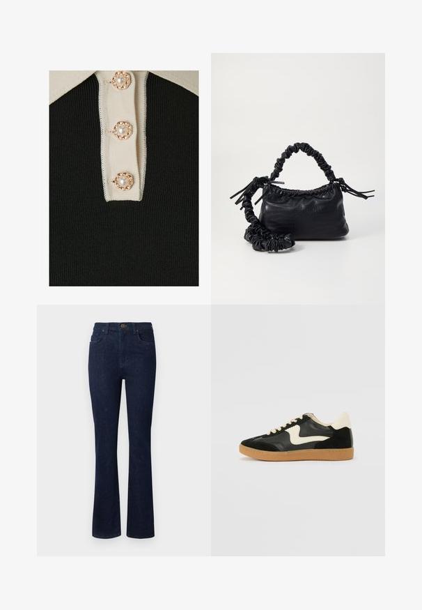 YAS YASMILLE - Polo krekls - black/star white; Tumši zilas džinsu bikses ar platām kājām, piecu kabatu dizains un poga jostas vietā. Gluda tekstūra ar minimālu šuvju skaitu.; Melna zamšāda un ādas sporta apavi ar krēmkrāsas sānu svītru un gaiši krēmkrāsas papēdi. Ar beigu krāsas auklām un gumijas zole.; Melnā mākslīgās ādas rokassoma ar krokodila rakstu, savilkta augšdaļa un saburzīta siksna. Izskatās mīksta un kompakta pēc dizaina.