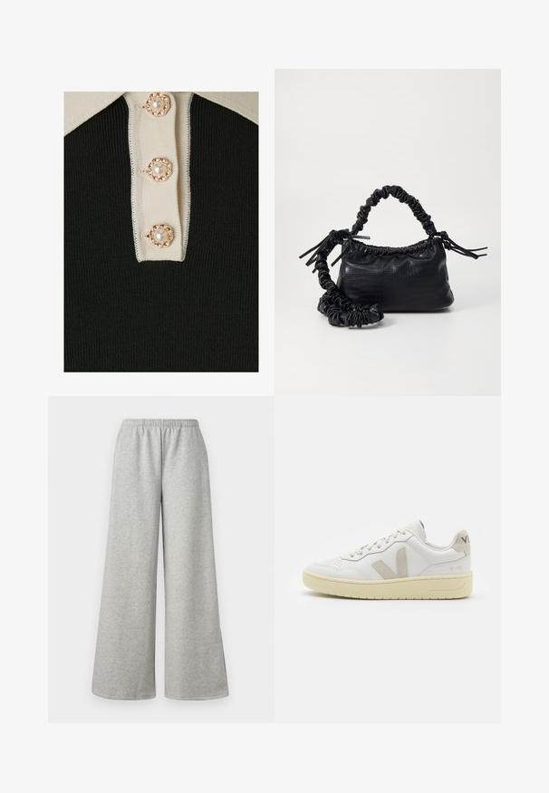 YAS YASMILLE - Poloskjorter - black/star white; Lys grå vide bukser med elastisk talje, lavet af blød, strækbar stof, der har sideslids for ekstra luftcirkulation og komfort.; Hvite lær sneakers med beige semsket detaljer, perforert tåboks, flate lisser og en teksturert kremfarget såle. Har subtil branding på hælen.; Svart faux skinn-håndveske med krokodilletekstur, strammet topp og en rynket stropp. Ser myk og kompakt ut i designen.