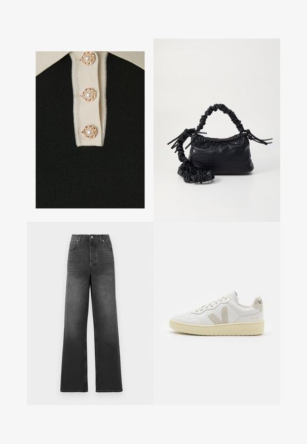 YAS YASMILLE - Poloshirt - black/star white; Hoge taille, wijde pijpen jeans gemaakt van donkergrijze denim. Heeft een klassieke vijf-pocketstijl en gestikte zoomdetails.; Witte leren sneaker met beige suède accenten, geperforeerde neus, platte veters en een gestructureerde crèmekleurige zool. Heeft subtiele branding op de hak.; Zwarte nepleer handtas met een krokodillenstructuur, opgedroogde bovenkant en een gekreukte hengsel. Het lijkt zacht en compact van ontwerp.