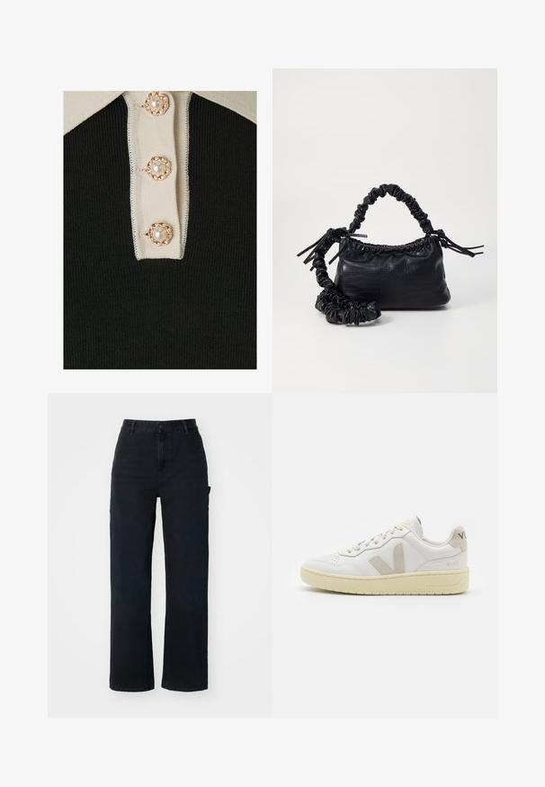 YAS YASMILLE - Polo shirt - black/star white; Black denim trousers with a straight-leg design, featuring a high waist, standard button closure, and side pockets.; White leather sneaker with beige suede accents, perforated toe box, flat laces, and a textured cream sole. Features subtle branding on heel.; Black faux leather handbag with a crocodile texture, cinched top, and a scrunched strap. Appears soft and compact in design.