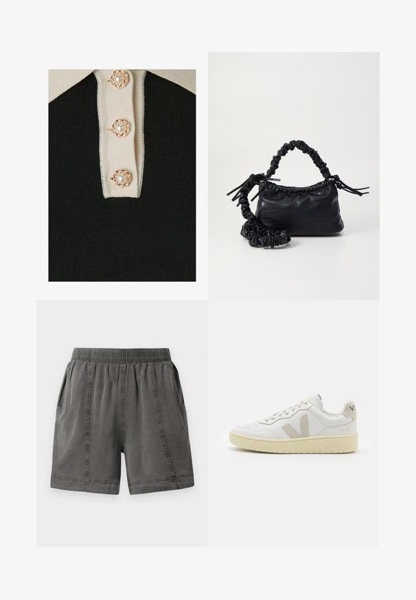 YAS YASMILLE - Piké - black/star white; Grå shorts i bomullsblandning med elastisk midja, sidofickor och sömnadsdetaljer längs sömmarna. Mjuk textur och avslappnad passform.; Vita lädersneakers med beige mockadetaljer, perforerad tåbox, platta snören och en texturerad krämfärgad sula. Har diskret varumärkning på hälen.; Svart faux läderhandväska med krokodiltextur, snodd topp och en skrämd rem. Ser mjuk och kompakt ut i designen.