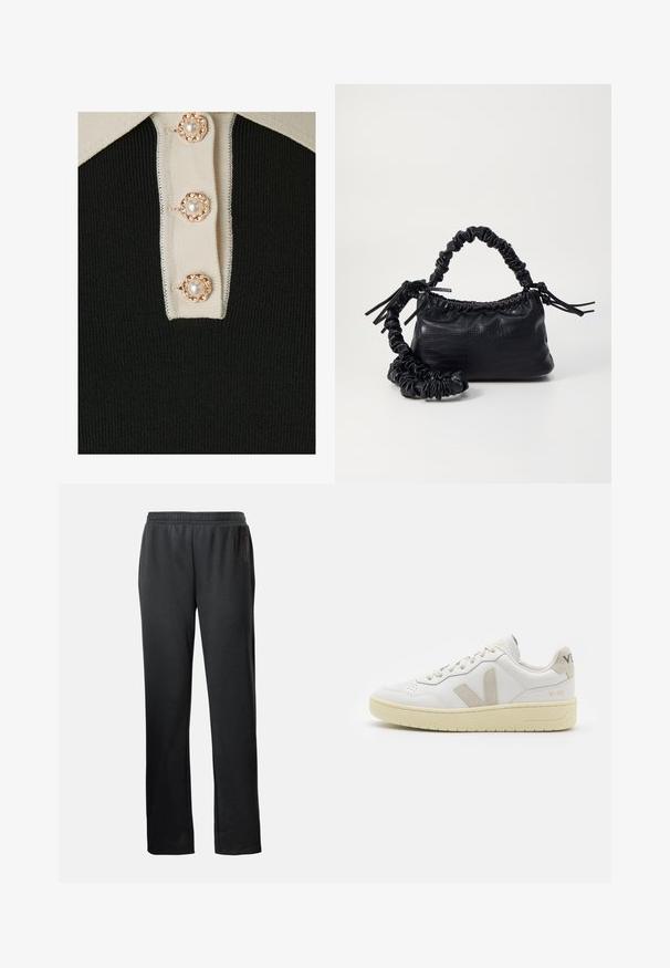 YAS YASMILLE - Polo marškinėliai - black/star white; Juodos sportinės kelnės su elastinga juosmeniu, tiesiomis kojomis ir subtiliu logotipo akcentu šone, pagamintos iš minkštos, lengvos medžiagos.; Balti odiniai sportbačiai su kreminiais zomšos akcentais, perforuota pirštų dalimi, plokščiomis raišteliais ir struktūruota kreminėmis padomis. Ant kulno yra subtilus ženklinimas.; Juodas dirbtinės odos rankinė su krokodilo tekstūra, sušnibždinta viršuje ir susikraipytu dirželiu. Atrodo minkšta ir kompaktiška.