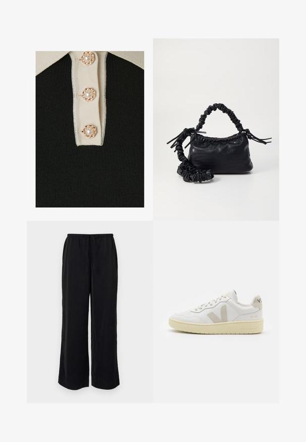YAS YASMILLE - Polo shirt - black/star white; Black wide-leg pants with a drawstring waist and side pockets. Made from lightweight fabric with a smooth texture. No visible patterns.; White leather sneaker with beige suede accents, perforated toe box, flat laces, and a textured cream sole. Features subtle branding on heel.; Black faux leather handbag with a crocodile texture, cinched top, and a scrunched strap. Appears soft and compact in design.