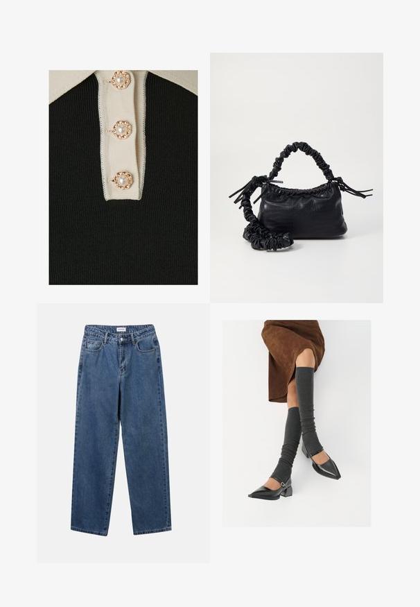 YAS YASMILLE - Poloskjorter - black/star white; Klassiske blå denimjeans med rett ben-design, fem lommer og knappelukking. Har en middels vask og solid tekstur.; Sorte lakkpumps med spiss tå, blokkhel, og ankelstropp, kombinert med grå ribbestrikkede beinvarmere og et brunt semsket skinn skjørt.; Svart faux skinn-håndveske med krokodilletekstur, strammet topp og en rynket stropp. Ser myk og kompakt ut i designen.