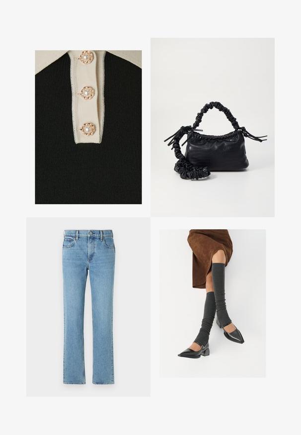 YAS YASMILLE - Pólóing - black/star white; Világoskék farmernadrág egyenes szabással, öt zsebbel, gombbal és cipzárral, valamint diszkrét kopással. Klasszikus, egyszerű dizájn.; Fekete lakk bőrből készült, hegyes orrú cipők, tömbsarkúakkal és bokapánttal, szürke bordás lábszármelegítőkkel és barna velúr szoknyával párosítva.; Fekete műbőr kézi táska krokodil bőr textúrával, összehúzható tetejű és gyűrt pánttal. Lágy és kompakt dizájnúnak tűnik.