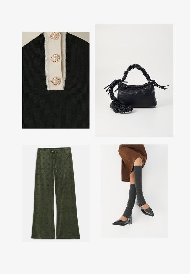 YAS YASMILLE - Polo majica - black/star white; Zelene velur hlače s rasponastim krojem, s uzorkom koji uključuje krunice, trešnje, srca i logo, s pojasom na vezanje.; Crne lakirane cipele s šiljastim prstima, blok-petom i remenom oko gležnja, uparene s sivim rebrastim čarapama do koljena i smešnom suknjom od antilopa.; Crna torba od umjetne kože s teksturom krokodila, s cinčanim vrhom i naboranom trakom. Izgleda mekano i kompaktno u dizajnu.