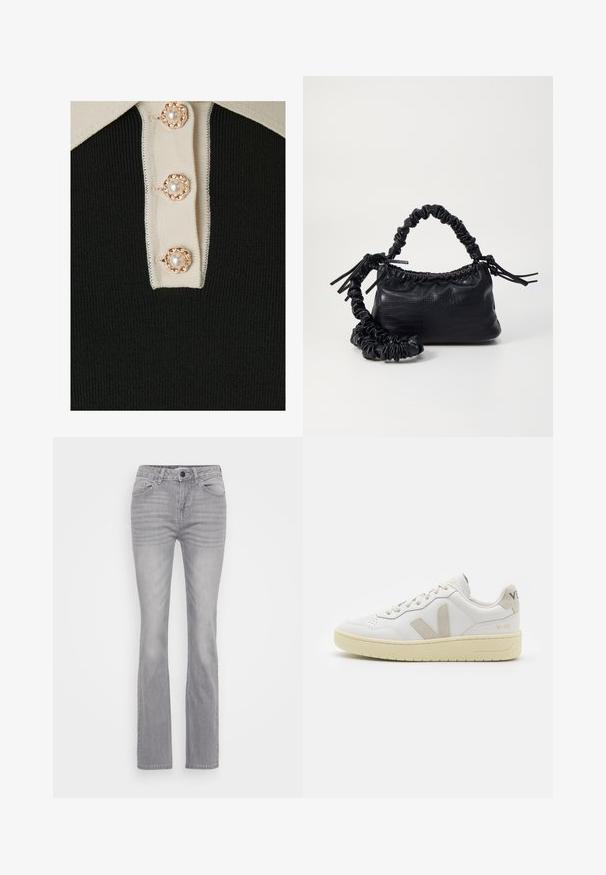 YAS YASMILLE - Polo - black/star white; Jeans de denim cinza com um design de perna larga, apresentando um estilo clássico de cinco bolsos e fecho botão. Tecido texturizado com ligeira descoloração.; Sapatilha de couro branca com detalhes em camurça bege, biqueira perfurada, atacadores planos e sola texturizada creme. Apresenta uma marcação subtil no calcanhar.; Bolsa de mão em couro sintético preto com textura de crocodilo, topo franzido e alça enrugada. Apresenta um design suave e compacto.