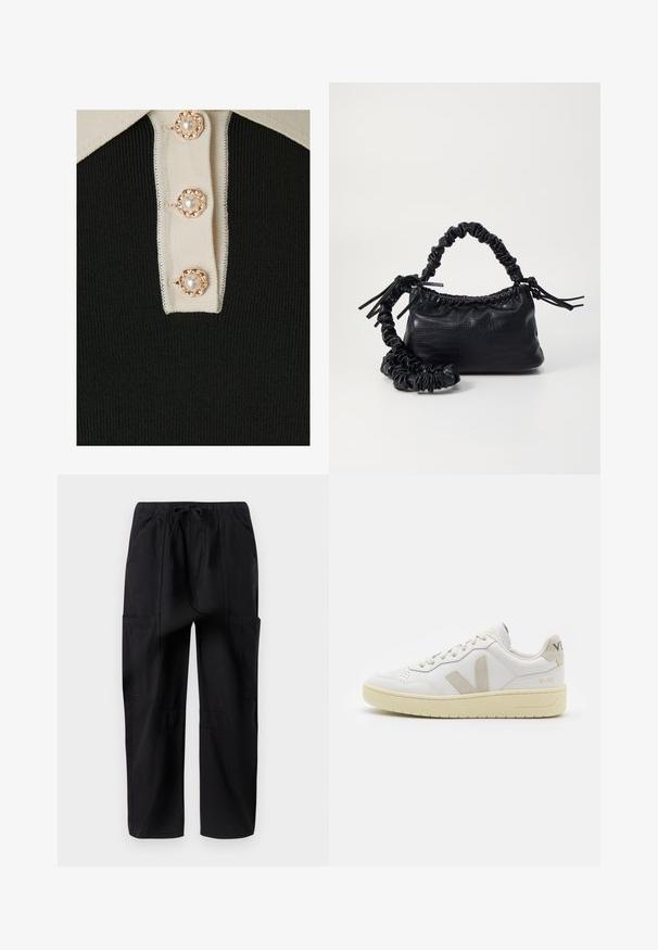 YAS YASMILLE - Polo shirt - black/star white; Black cotton cargo pants with a relaxed fit, featuring an elastic waistband and multiple side pockets for added utility.; White leather sneaker with beige suede accents, perforated toe box, flat laces, and a textured cream sole. Features subtle branding on heel.; Black faux leather handbag with a crocodile texture, cinched top, and a scrunched strap. Appears soft and compact in design.
