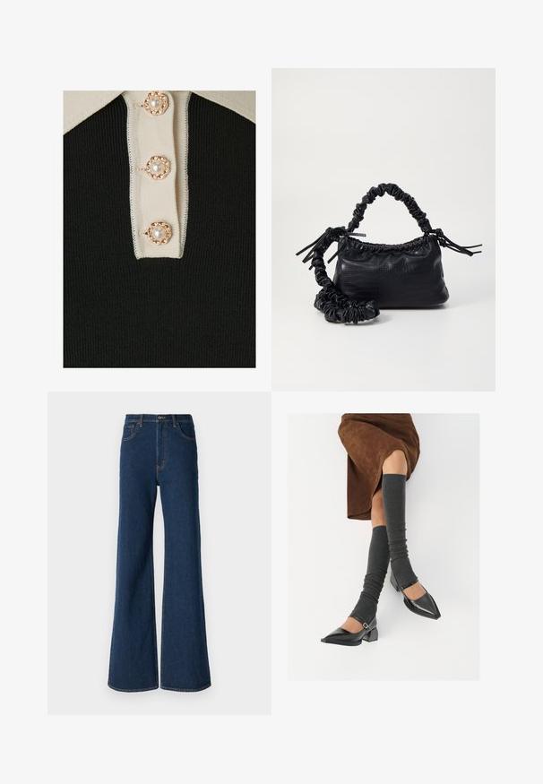 YAS YASMILLE - Polo - black/star white; Abercrombie & Fitch Jean boyfriend - rinse; Chaussures à bout pointu en cuir verni noir avec un talon bloc et une bride à la cheville, accompagnées de jambières en maille grise et d'une jupe en daim marron.; Sac à main en simili cuir noir avec une texture crocodile, un dessus resserré et une sangle froncée. A l'apparence douce et compacte.