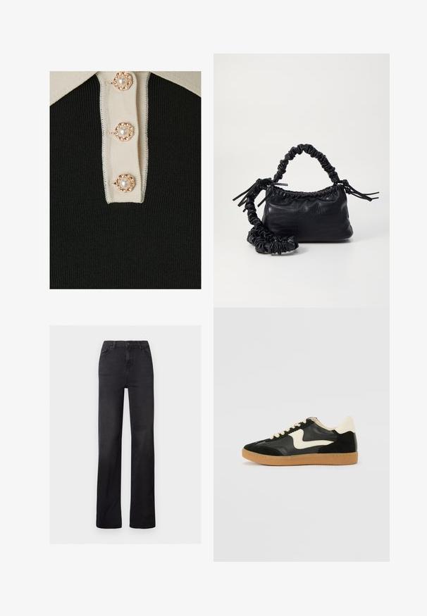 YAS YASMILLE - Polo shirt - black/star white; Black denim straight-leg jeans with a high waist, five-pocket design, and visible stitching. Smooth texture with a slightly faded finish.; Black suede and leather sneaker with a cream side swoosh and light cream heel. Features beige laces and a gum rubber outsole.; Black faux leather handbag with a crocodile texture, cinched top, and a scrunched strap. Appears soft and compact in design.