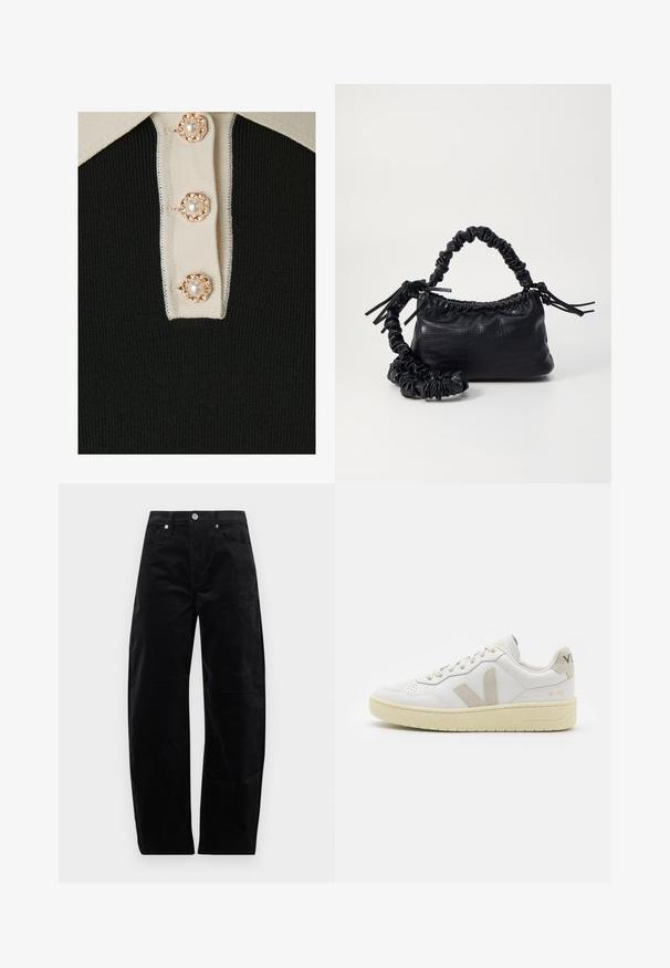 YAS YASMILLE - Polo shirt - black/star white; Black straight-leg corduroy pants with front button and zip closure, front and back pockets, displayed on plain background.; White leather sneaker with beige suede accents, perforated toe box, flat laces, and a textured cream sole. Features subtle branding on heel.; Black faux leather handbag with a crocodile texture, cinched top, and a scrunched strap. Appears soft and compact in design.