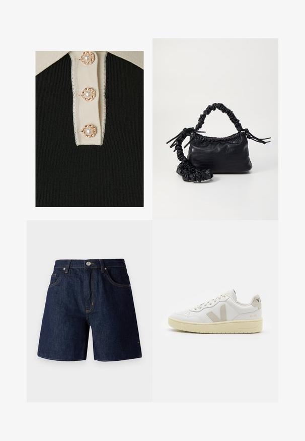 YAS YASMILLE - Poloskjorter - black/star white; Denimshorts i mørkeblå med kontrastfarget oransje søm. Har fem lommer, knappelukking og rett ben-design.; Hvite lær sneakers med beige semsket detaljer, perforert tåboks, flate lisser og en teksturert kremfarget såle. Har subtil branding på hælen.; Svart faux skinn-håndveske med krokodilletekstur, strammet topp og en rynket stropp. Ser myk og kompakt ut i designen.