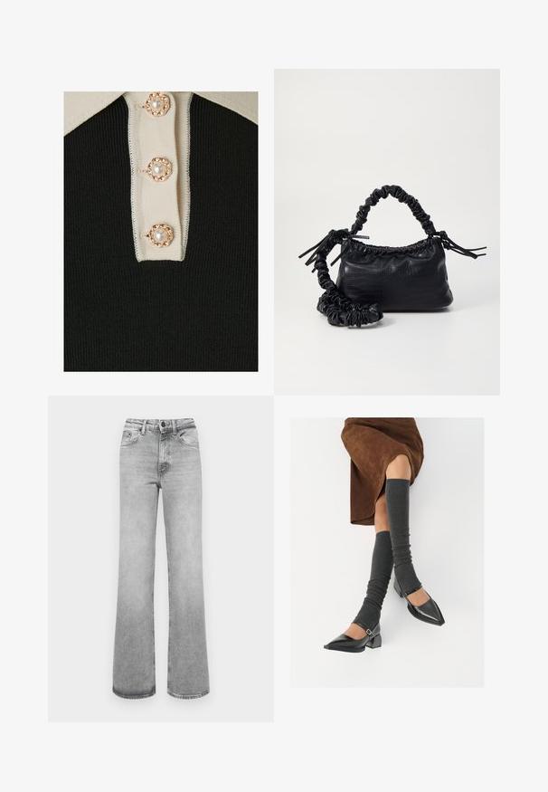 YAS YASMILLE - Polo marškinėliai - black/star white; Šviesiai pilki nugandelti tiesių kojų džinsai su priekinėmis kišenėmis, diržo kilpomis ir užsegimu mygtuku bei užtrauktuku.; Juodi lakuoti odiniai batai su aštriu kuma ir bloko kulnu, derinami su pilkais riebiais kojų šildytuvais ir rudais zomšiniais sijonais.; Juodas dirbtinės odos rankinė su krokodilo tekstūra, sušnibždinta viršuje ir susikraipytu dirželiu. Atrodo minkšta ir kompaktiška.