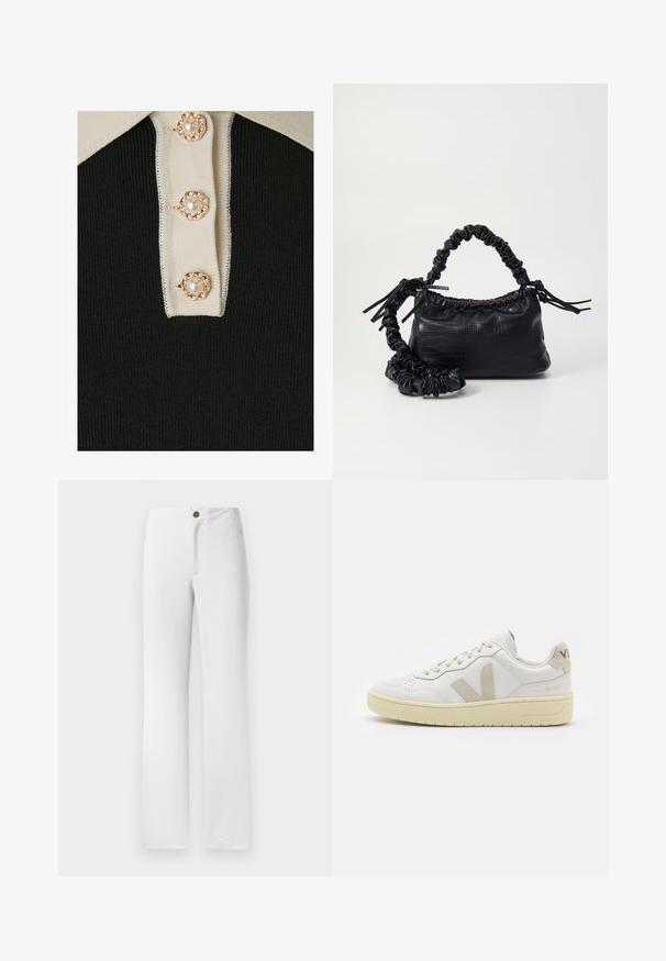 YAS YASMILLE - Polo shirt - black/star white; White, straight-leg pants featuring a gold button closure, flat front, and smooth fabric texture. No visible patterns or embellishments.; White leather sneaker with beige suede accents, perforated toe box, flat laces, and a textured cream sole. Features subtle branding on heel.; Black faux leather handbag with a crocodile texture, cinched top, and a scrunched strap. Appears soft and compact in design.