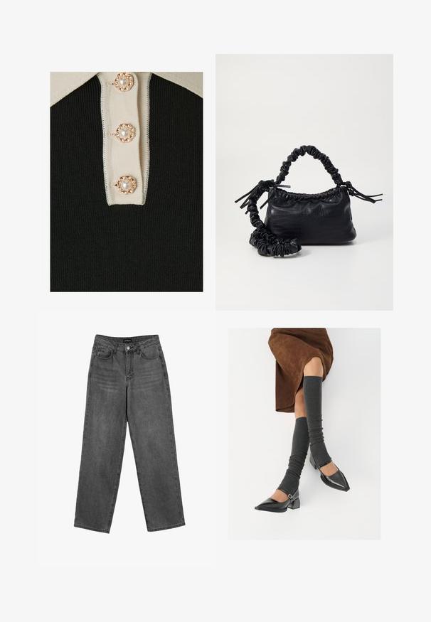 YAS YASMILLE - Polo majica - black/star white; Črne visokoprsi kavbojke ravnega kroja s sprednjim gumbom in žepi, prikazane na beli podlagi.; Črne lakirane čevlje s pointy prsti in blok peto ter z naramnicami za gleženj, ki jih kombiniramo s sivimi rebrastimi nogavicami in rjavim suknjičem iz usnja.; Črna torbica iz umetnega usnja s krokodilovo teksturo, z zvitim vrhom in zmečkano naramico. Zdi se mehka in kompaktna v oblikovanju.