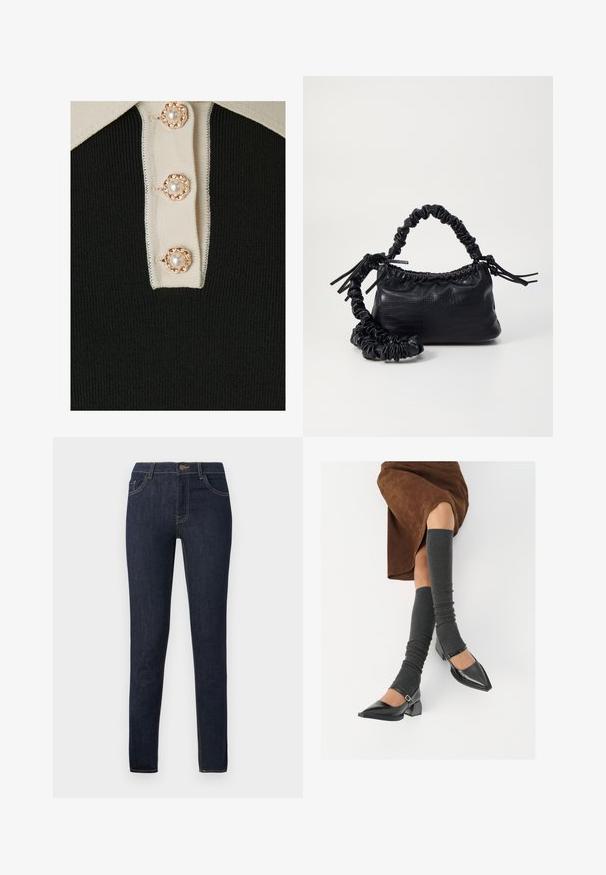 YAS YASMILLE - Polo - black/star white; Jeans slim fit azul escuro com bolsos frontais, passantes para cinto e fecho de botão, exibidos contra um fundo branco liso.; Sapatos pretos de pele lacada com biqueira pontuda, salto bloco e tiras no tornozelo, combinados com caneleiras cinzas em malha e uma saia de camurça castanha.; Bolsa de mão em couro sintético preto com textura de crocodilo, topo franzido e alça enrugada. Apresenta um design suave e compacto.