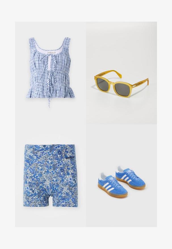 Kék és fehér kockás, rövidített fazonú top, könnyű anyagból készült. Jellemzője a lekerekített nyakvonal, állítható megkötés és ráncolt textúrák.; Kék virágmintás boxeralsó, árnyalatok keverékével, testhezálló fazonban, fekete Adidas logóval a derékpánton.; Kék velúr sportcipők fehér csíkos díszítéssel, gumi talppal és párnázott nyakkal a kényelem érdekében. Hagyományos fűzős dizájnnal rendelkezik.; Sárga, áttetsző műanyag napszemüveg négyzet alakú kerettel és sötétszürke lencsékkel. Díszítő elemek találhatóak a szárakon.
