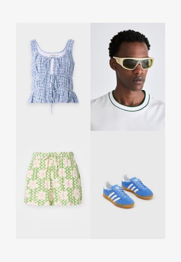 Modra in bela karirana skrajšana majica iz lahkega materiala. Ima okrogel izrez, prilagodljivo vezanje in gube.; Zelene kratke hlače z belim valovitim vzorcem in rožnatimi cvetličnimi akcenti. Imajo elastičen pas in nastavljivo vezavo. Narejene so iz lahkega materiala.; Modre semiš športne čevlje z belimi črtastimi poudarki, gumo podplat in oblazinjen ovratnik za udobje. Ima klasičen vezalni dizajn.; Sončna očala s prozornim rumenim okvirjem in zeleno obarvanimi lečami. Kotna zasnova z širokimi ročaji, nosijo jih s belo srajco, ki ima zelene poudarke.; Tkanina iz slame s kožnimi detajli v rjavi barvi, dva ročaja in snemljiv trak. Ukrojena oblika z trdnim dnom.
