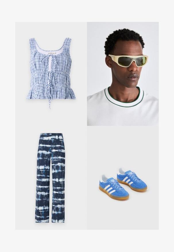 Kratki top u plavo-bijelom kariranom uzorku napravljen od lagane tkanine. Ima zaobljen izrez, podesivu povezu i nabrane teksture.; Hlače širokih nogavica tamnoplave boje s uzorkom tye-dye u bijeloj i tirkiznoj boji. Izrađene od lagane tkanine, s glatkom teksturom i opuštenim krojem.; Plave sportske cipele od nubuka sa bijelim prugastim detaljima, gumeni đon i podstavljeni ovratnik za udobnost. Sadrži klasičan dizajn s vezicama.; Naočale sa prozirnim žutim okvirom i zelenim staklima. Angulirani dizajn s širokim ručkama, nosi se s bijelom košuljom koja ima zelene akcentne detalje.; Smeđi kožni torba s dvostrukim ručkama, s kontrastnim šavovima i prostranim dizajnom, pogodna za svakodnevnu upotrebu.