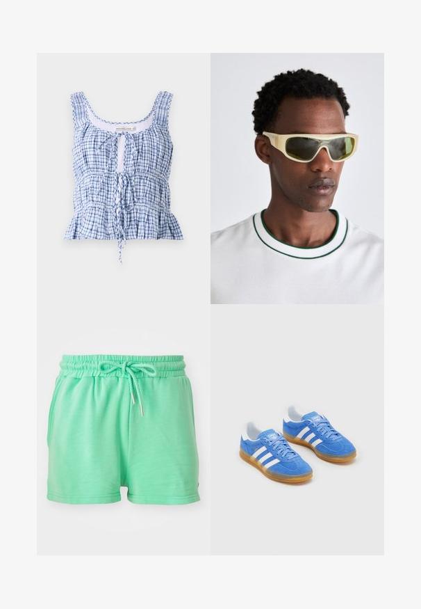 Top court bleu et blanc à carreaux en tissu léger. Présente un col rond, un noeud ajustable et des textures froncées.; Shorts vert menthe en matière douce, dotés d'une taille élastique avec cordon de serrage ajustable et poches latérales.; Baskets en cuir suédé bleu avec des accents rayés blancs, semelle en caoutchouc et col rembourré pour plus de confort. Présente un design classique à lacets.; Lunettes de soleil avec une monture jaune translucide et des verres teintés en vert. Design angulaire avec des branches larges, portées avec une chemise blanche à accents verts.