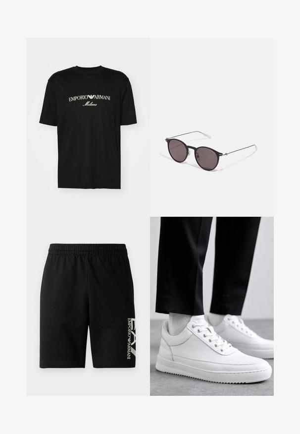 Černé bavlněné tričko s kulatým výstřihem, krátkými rukávy a logem "EMPORIO ARMANI" v bílém nad nápisem "Milano" v zakřiveném provedení.; EA7 Emporio Armani TRAIN VISIBILITY - Šortky - black/cream; Bílé kožené tenisky s plochou gumovou podešví, s hladkým povrchem, kulatou špičkou a kovovými dírkami na tkaničky. Nosené s černými kalhotami.; Černé kulaté sluneční brýle s tmavými skly a tenkými kovovými nohami. Obsahují průhledné koncovky nožiček a stříbrné akcenty na pantu. Minimalistický design.