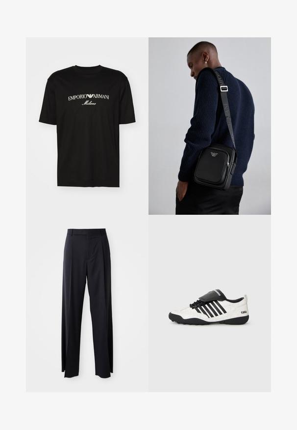 T-shirt de algodão preta com gola redonda, mangas curtas e o logo "EMPORIO ARMANI" em branco acima de "Milano" num design curvo.; Calças pretas de cintura alta, com corte amplo, feitas de um tecido suave. Apresentam pregas frontais e passadores para cinto. Design minimalista, sem hardware visível.; Sapatilha com uma textura branca craquelada, detalhes pretos, cinco listas horizontais e uma língua acolchoada preta rotulada "1984". Sola de borracha preta.; Bolsa de ombro preta em couro com um compartimento com fecho, detalhe com o logótipo e uma alça ajustável com a marca. Usada sobre um suéter texturizado azul marinho.