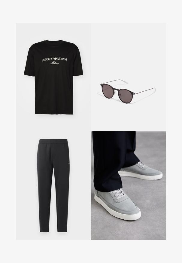 Černé bavlněné tričko s kulatým výstřihem, krátkými rukávy a logem "EMPORIO ARMANI" v bílém nad nápisem "Milano" v zakřiveném provedení.; Černé joggingové kalhoty vyrobené z měkké tkaniny, s elastickým pasem, rovnými nohavicemi a malým logem na boku.; Šedé semišové tenisky s bílými gumovými podešvemi, s šněrováním, kulatou špičkou a jemnými stehovými detaily, nošeny s černými kalhotami.; Černé kulaté sluneční brýle s tmavými skly a tenkými kovovými nohami. Obsahují průhledné koncovky nožiček a stříbrné akcenty na pantu. Minimalistický design.