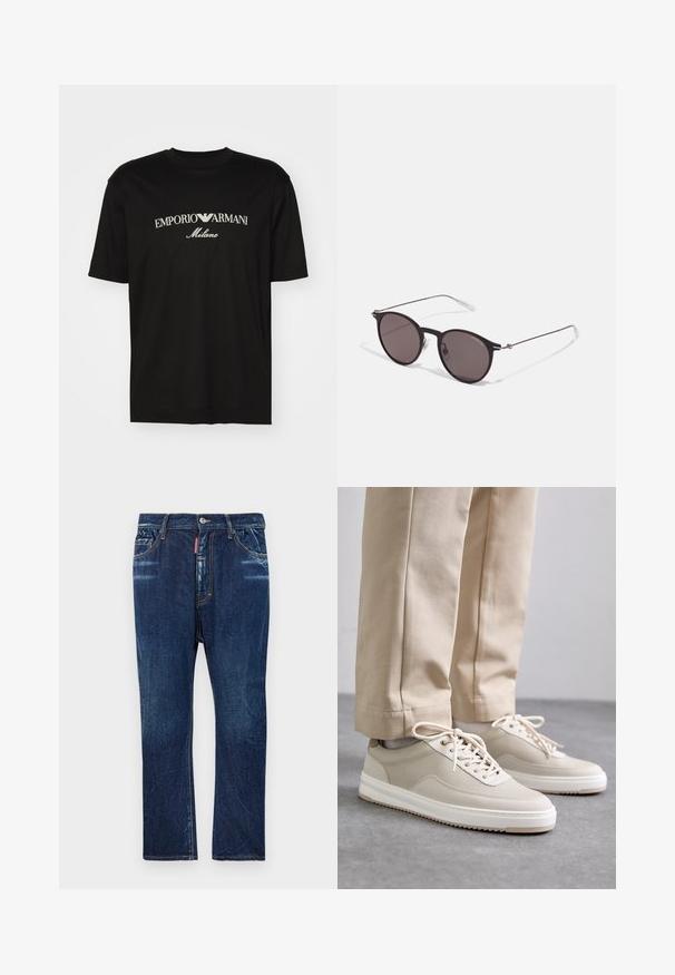 Camiseta de algodón negra con cuello redondo, mangas cortas y el logo de "EMPORIO ARMANI" en blanco sobre "Milano" en un diseño curvado.; Pantalones vaqueros de denim azul oscuro con un corte recto, que presentan un ligero desvanecimiento, costuras amarillas, bolsillos frontales y un cierre de botón.; Zapatillas beige con parte superior texturizada, suelas blancas y detalles cosidos, combinadas con pantalones beige, exhibidas sobre una superficie gris.; Gafas de sol redondas negras con lentes oscuros y brazos metálicos delgados. Incluye puntas de varilla transparentes y acentos plateados en la bisagra. Diseño minimalista.