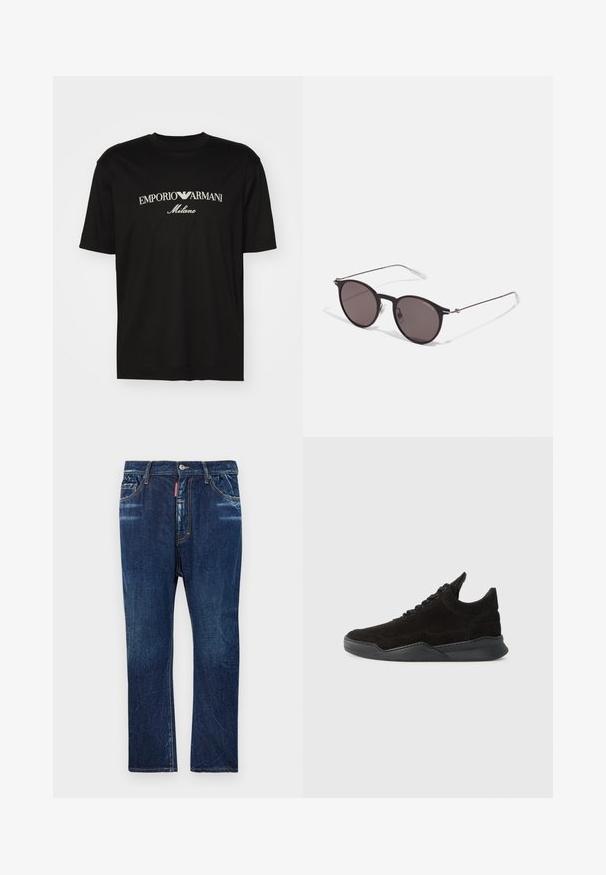 Sort bomulds T-shirt med rund halsudskæring, korte ærmer og "EMPORIO ARMANI" logo i hvid over "Milano" i et buet design.; Mørkeblå denim jeans med lige pasform, der har let blegning, gul syning, forlommer og knaplukning.; Sort ruskinds sneakers med lav profil, tekstureret overdel, flade snørebånd og en solid gummisål med en let hæl og buet design.; Sorte runde solbriller med mørke linser og slanke metalarme. Inkluderer klare tempeltips og sølvdetaljer ved hængslet. Minimalistisk design.