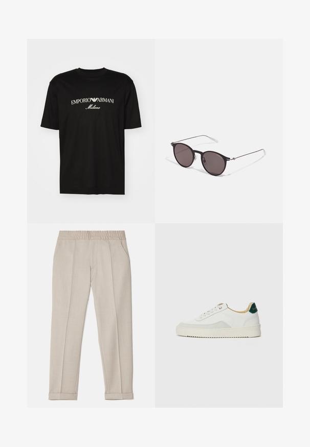 Black cotton T-shirt featuring a round neckline, short sleeves, and "EMPORIO ARMANI" logo in white above "Milano" in a curved design.; Filippa K TERRY CROPPED TROUSERS - Trousers - sage melange; White sneaker with suede accents, rounded toe, flat laces, and a cream rubber sole. Features green branding on the heel.; Black round sunglasses with dark lenses and slim metal arms. Includes clear temple tips and silver accents at the hinge. Minimalist design.