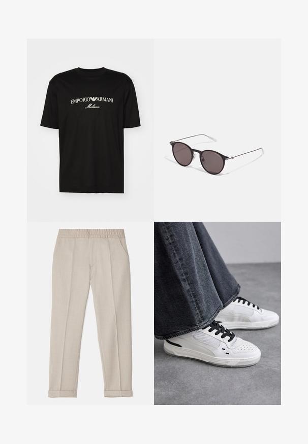 Tricou negru din bumbac cu guler rotund, mâneci scurte și logo-ul "EMPORIO ARMANI" în alb deasupra cuvântului "Milano" într-un design curbat.; Filippa K TERRY CROPPED TROUSERS - Pantaloni - sage melange; Adidași albi cu șireturi negre și detalii din plasă. Au un exterior din piele netedă și o talpă din cauciuc texturată. Împreună cu blugi gri cu croială largă.; Ochelari de soare negri rotunzi cu lentile întunecate și brațe metalice subțiri. Include vârfuri transparente pentru brate și accente argintii la balama. Design minimalist.
