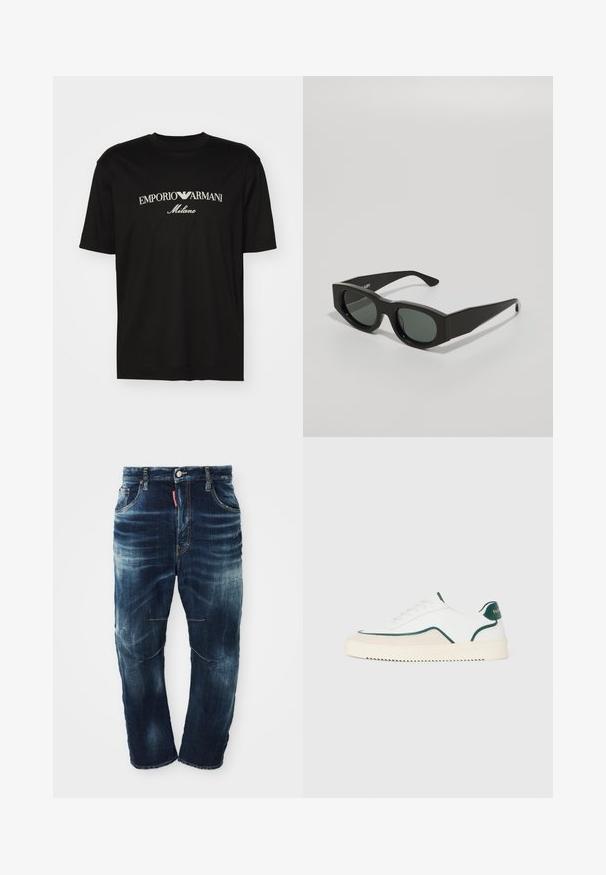 Black cotton T-shirt featuring a round neckline, short sleeves, and "EMPORIO ARMANI" logo in white above "Milano" in a curved design.; Dark blue denim jeans with a faded wash, five-pocket design, zip fly, and contrasting stitching. Features slight distressing on the knees.; White low-top sneaker with green trim, beige suede detailing, and a cream-colored sole with a ridged bottom.; Black rectangular sunglasses with green tinted lenses, thick frames, and flat temples featuring a smooth plastic texture.